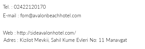 Avalon Beach Hotel telefon numaralar, faks, e-mail, posta adresi ve iletiim bilgileri